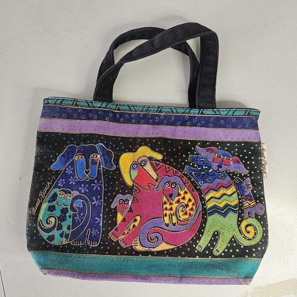 Vintage Laurel Burch‎ Tote Bag Small Dogs and Doggies Canvas Purse Colorful Art